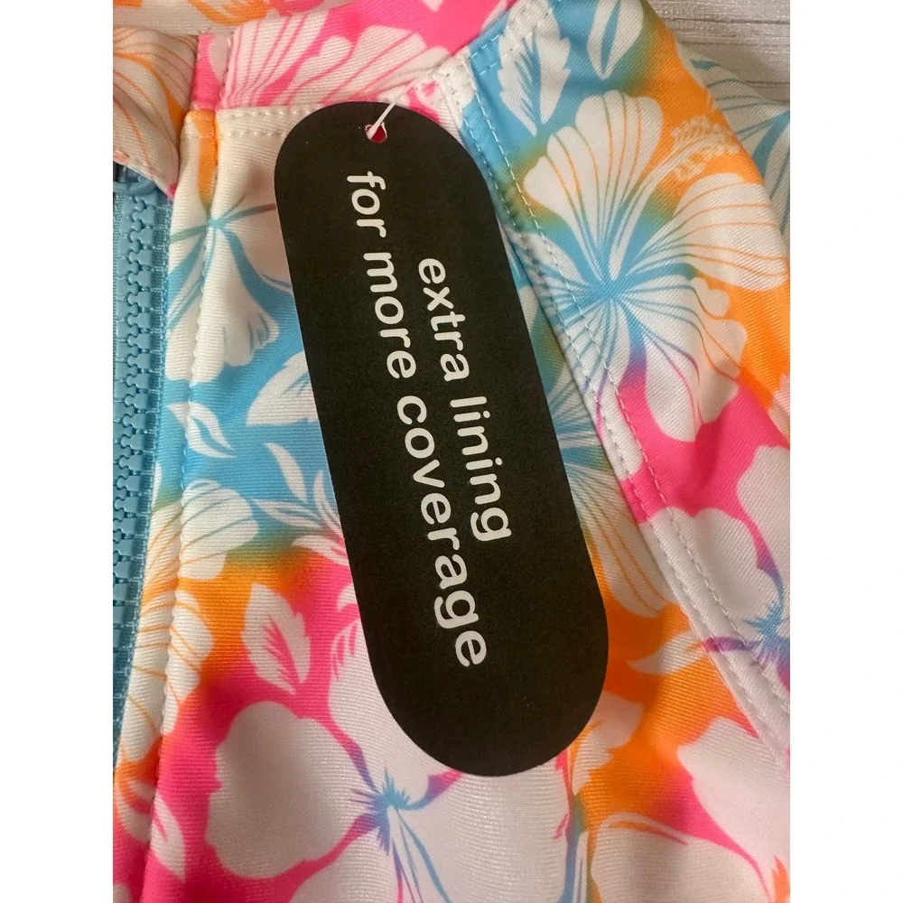 Wonder Nation Girls Small 6-6X Rash Guard Swimsuit Tropical Hibiscus UPF 50+
